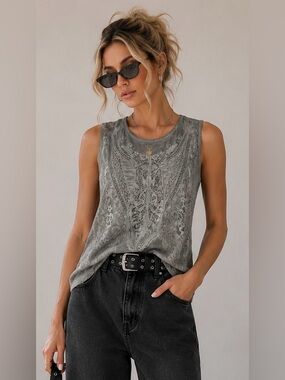Free People Gray Lace Tank Top Button Back Boho Sleeveless M